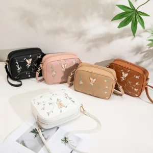 Floral Embroidery Butterfly Sling Bag – Stylish Crossbody Purse with Zipper Closure