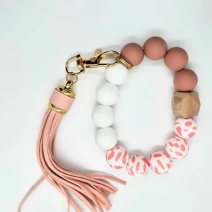 Beaded silicone wristlet keychain bracelet with tassel in multiple colors for women
